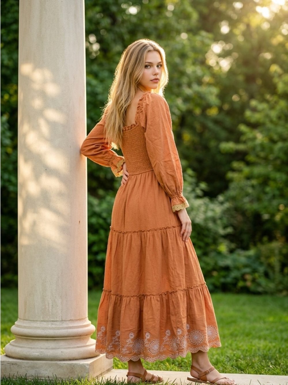 Just me cinnamon rust smocked lace detail tiered midi boho medium new - Picture 2 of 3